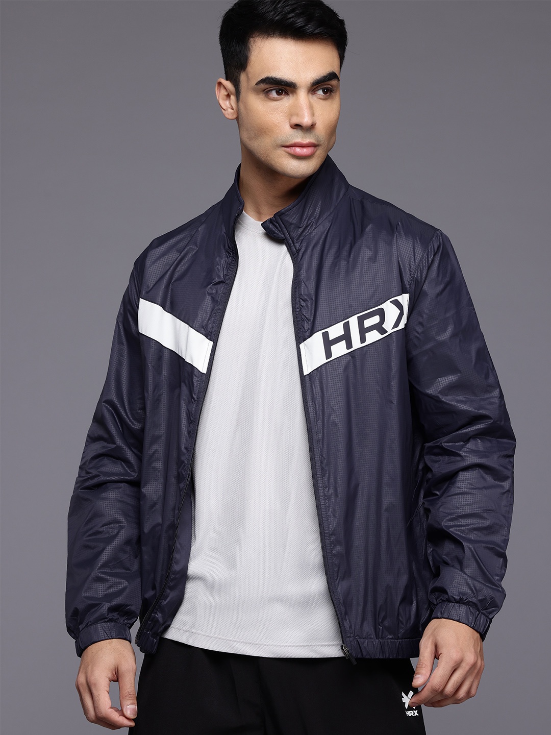 

HRX by Hrithik Roshan Men Brand Logo Striped Running Sporty Jacket, Navy blue
