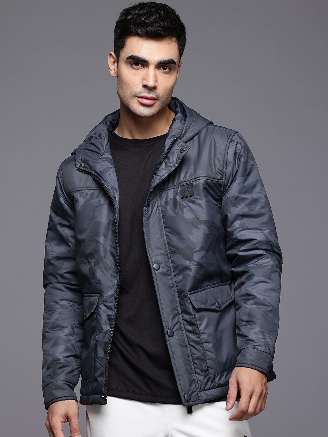 

HRX by Hrithik Roshan Abstract Print Hooded Padded Jacket, Black