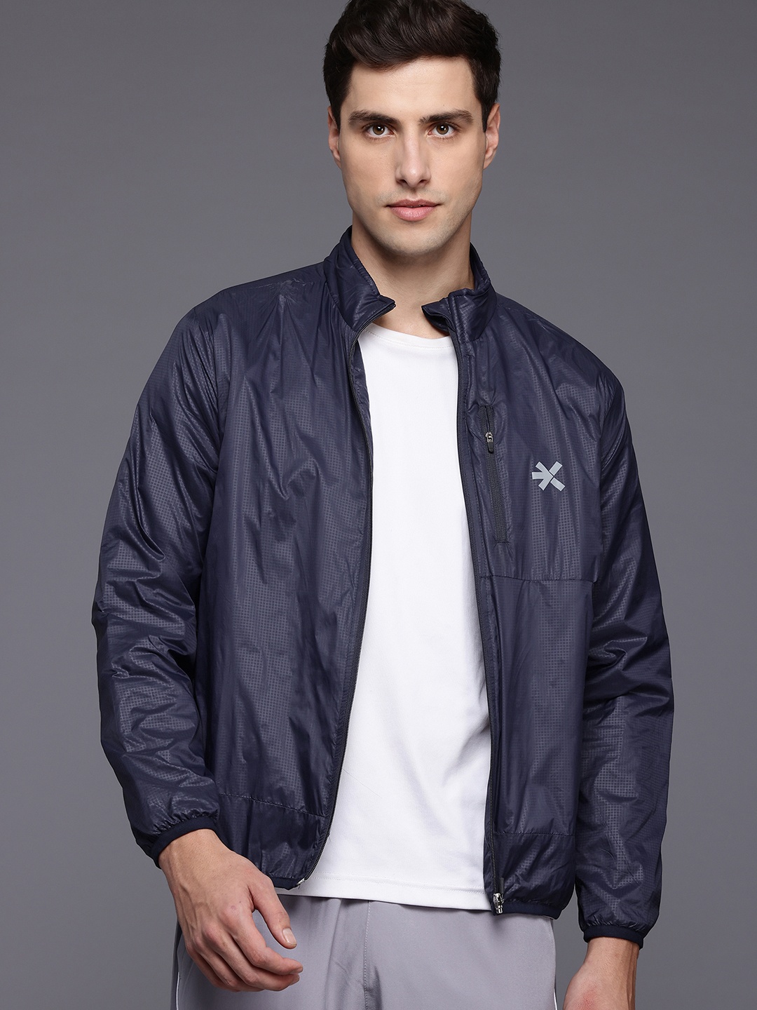 

HRX by Hrithik Roshan Typography Printed Running Tailored Jacket, Navy blue