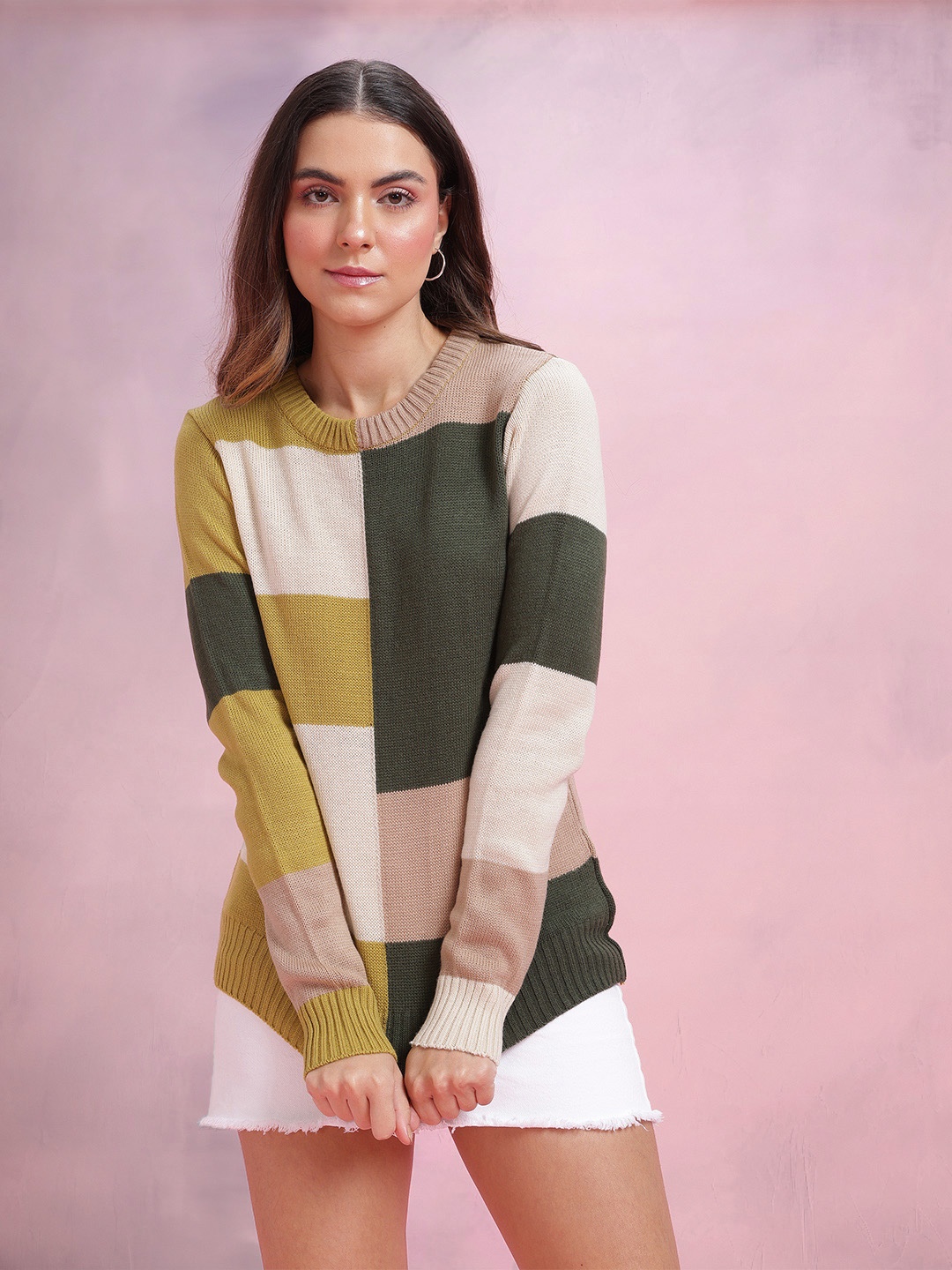 

DressBerry Acrylic Colourblocked Sweater, Olive