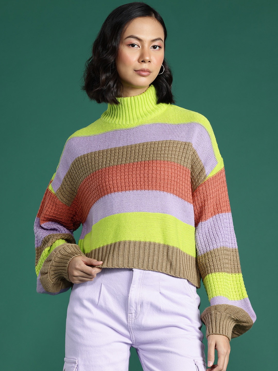 

DressBerry Turtle Neck Striped Pullover, Multi