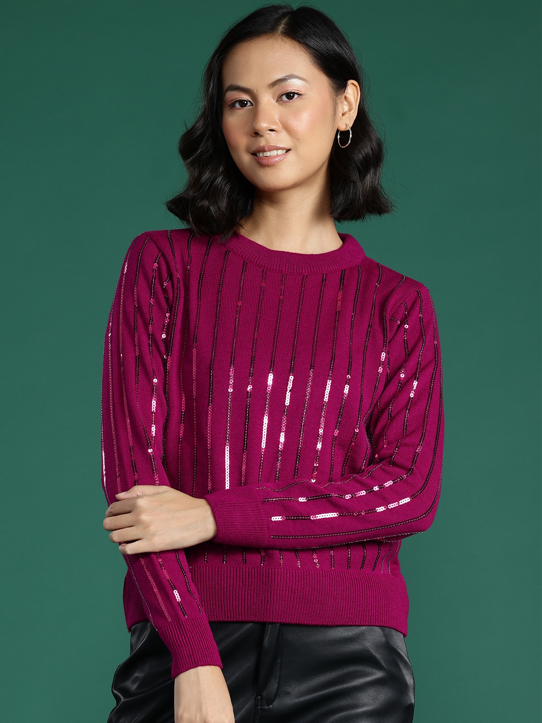 

DressBerry Sequined Striped Pullover, Magenta