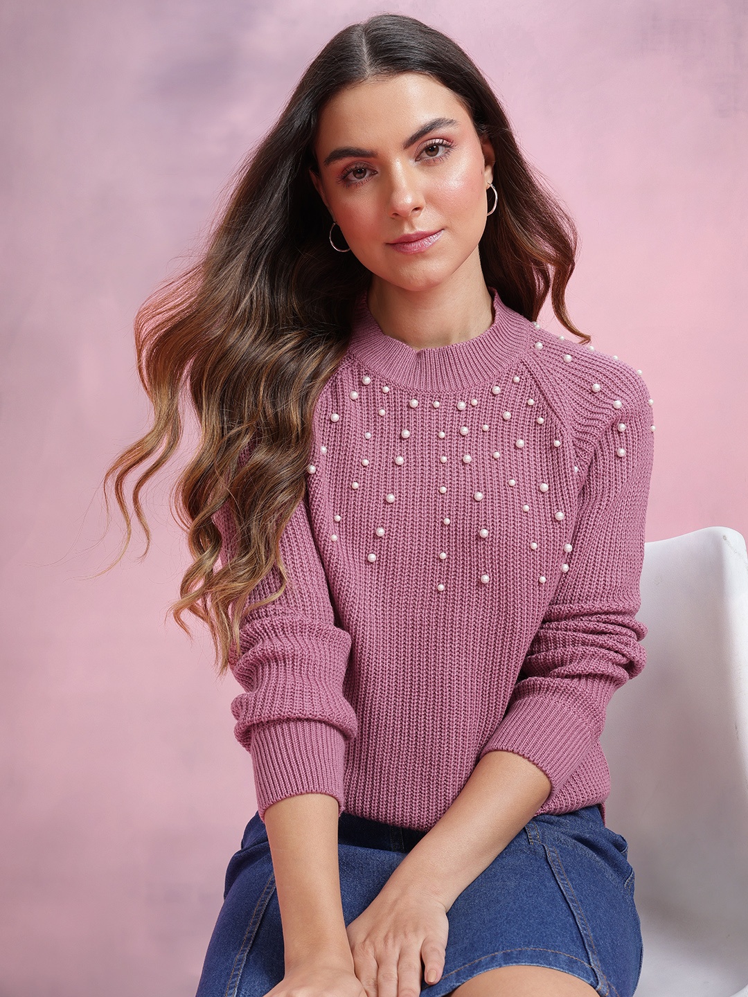 

DressBerry Knitted Acrylic Pullover with Pearl Embellished, Pink