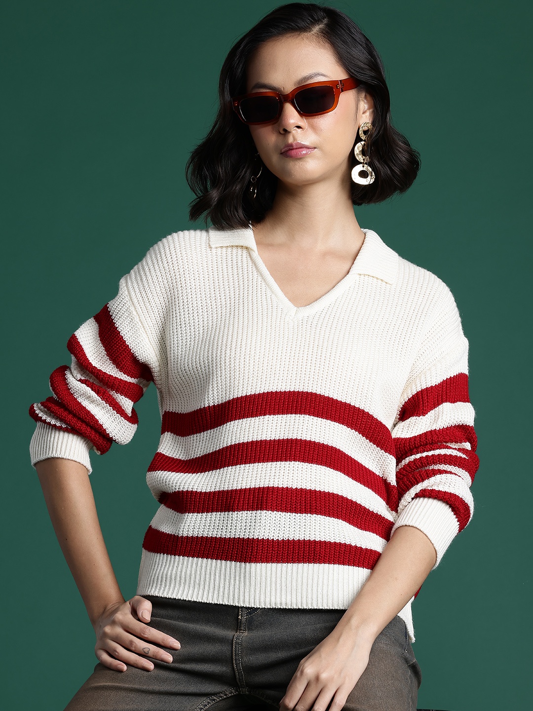 

DressBerry Striped Shirt Collar Pullover, White
