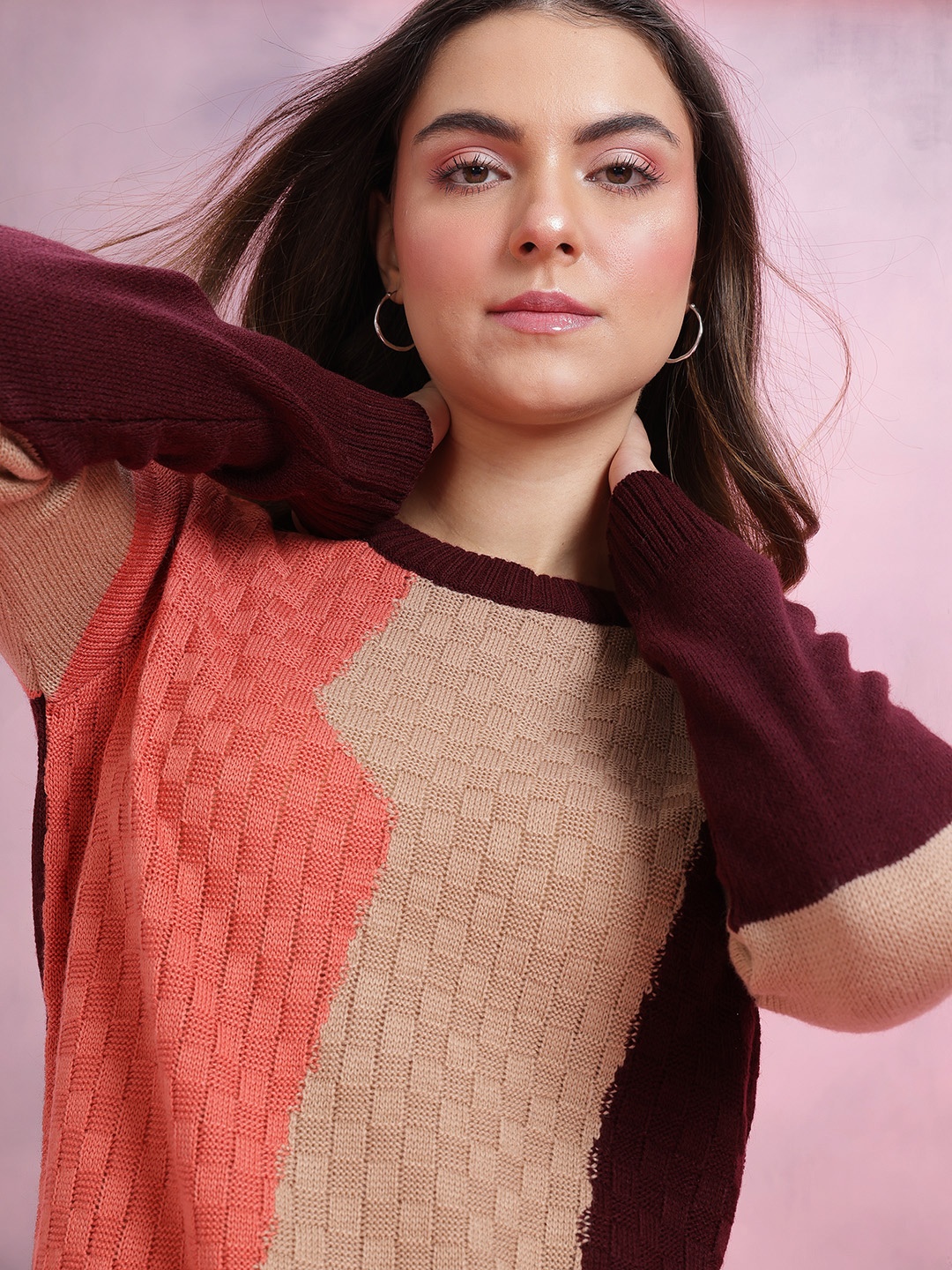 

DressBerry Colourblocked Knitted Pure Acrylic Pullover, Maroon