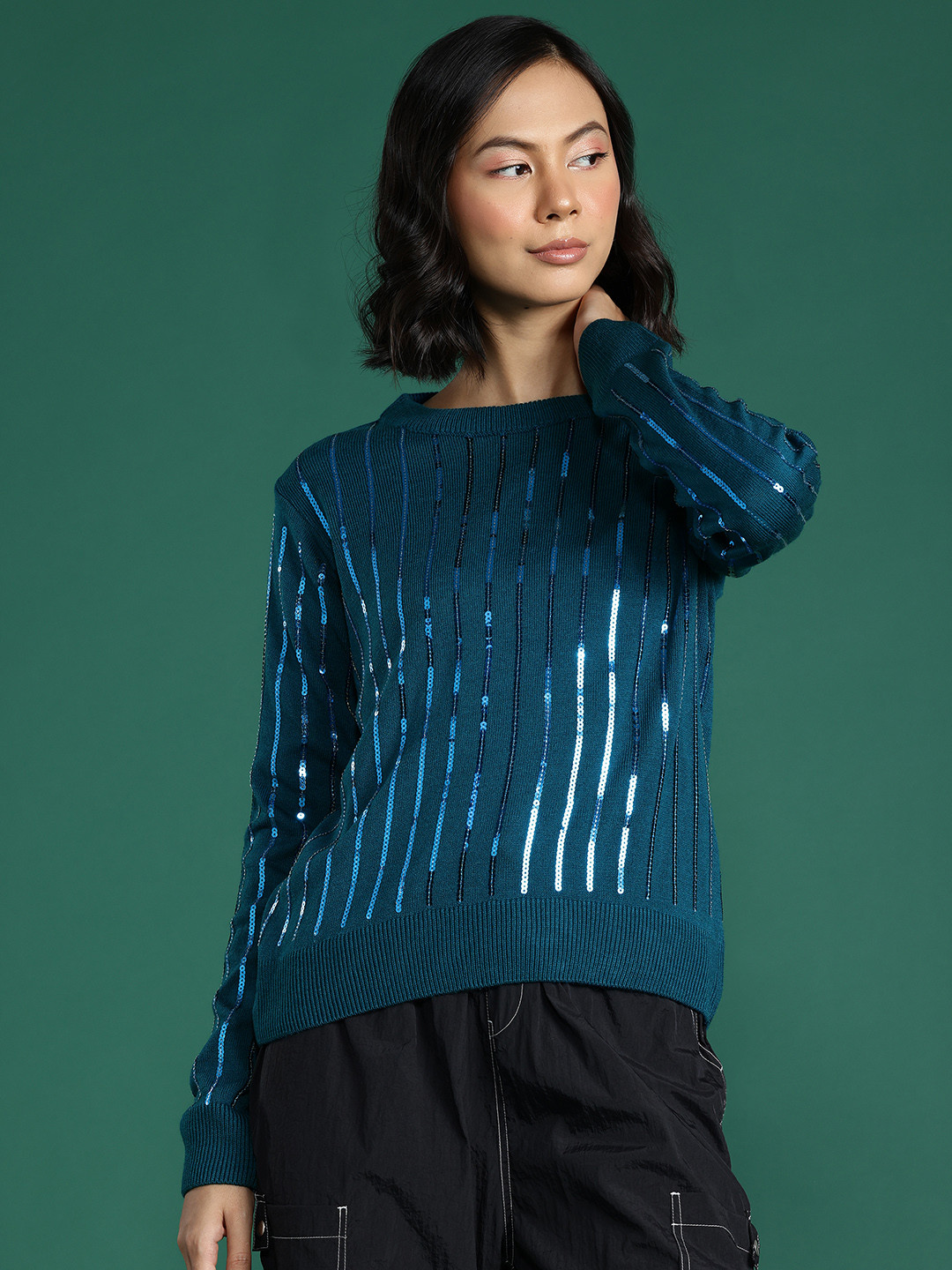 

DressBerry Sequin Detailed Round Neck Pullover, Blue