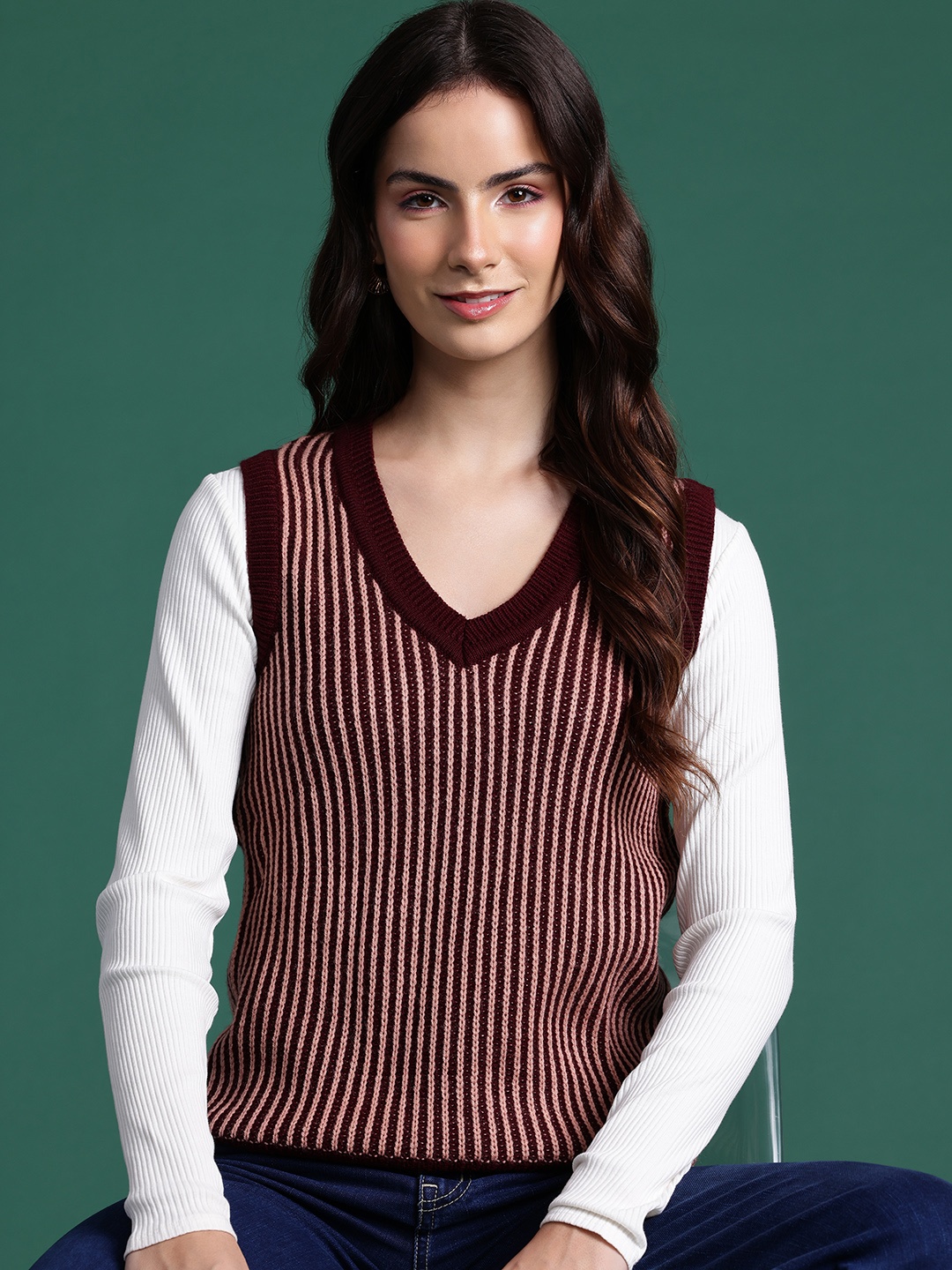 

DressBerry Striped Sweater Vest, Maroon