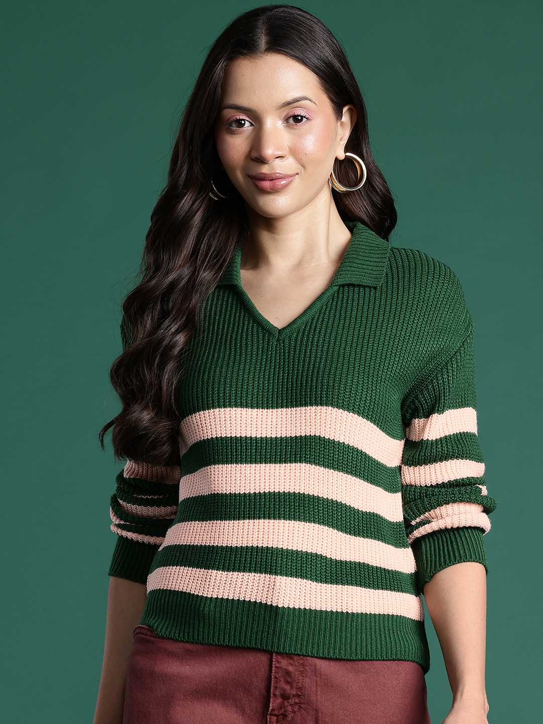 

DressBerry Striped Shirt Collar Pullover, Green