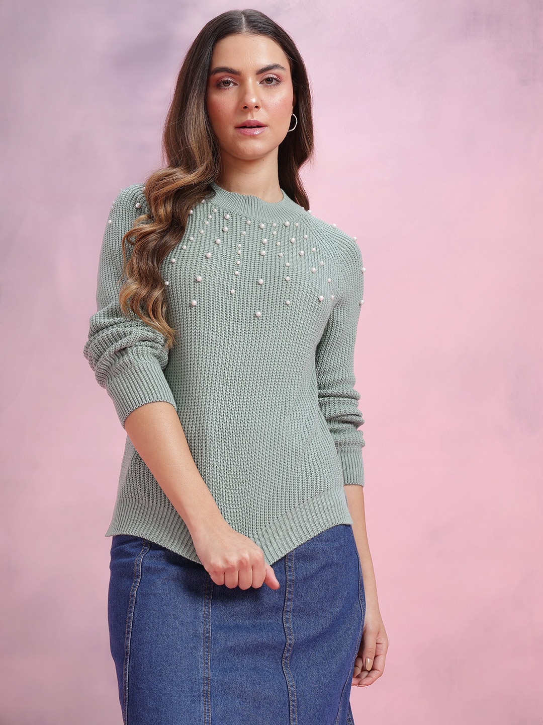 

DressBerry Knitted Acrylic Pullover with Pearl Embellished, Green