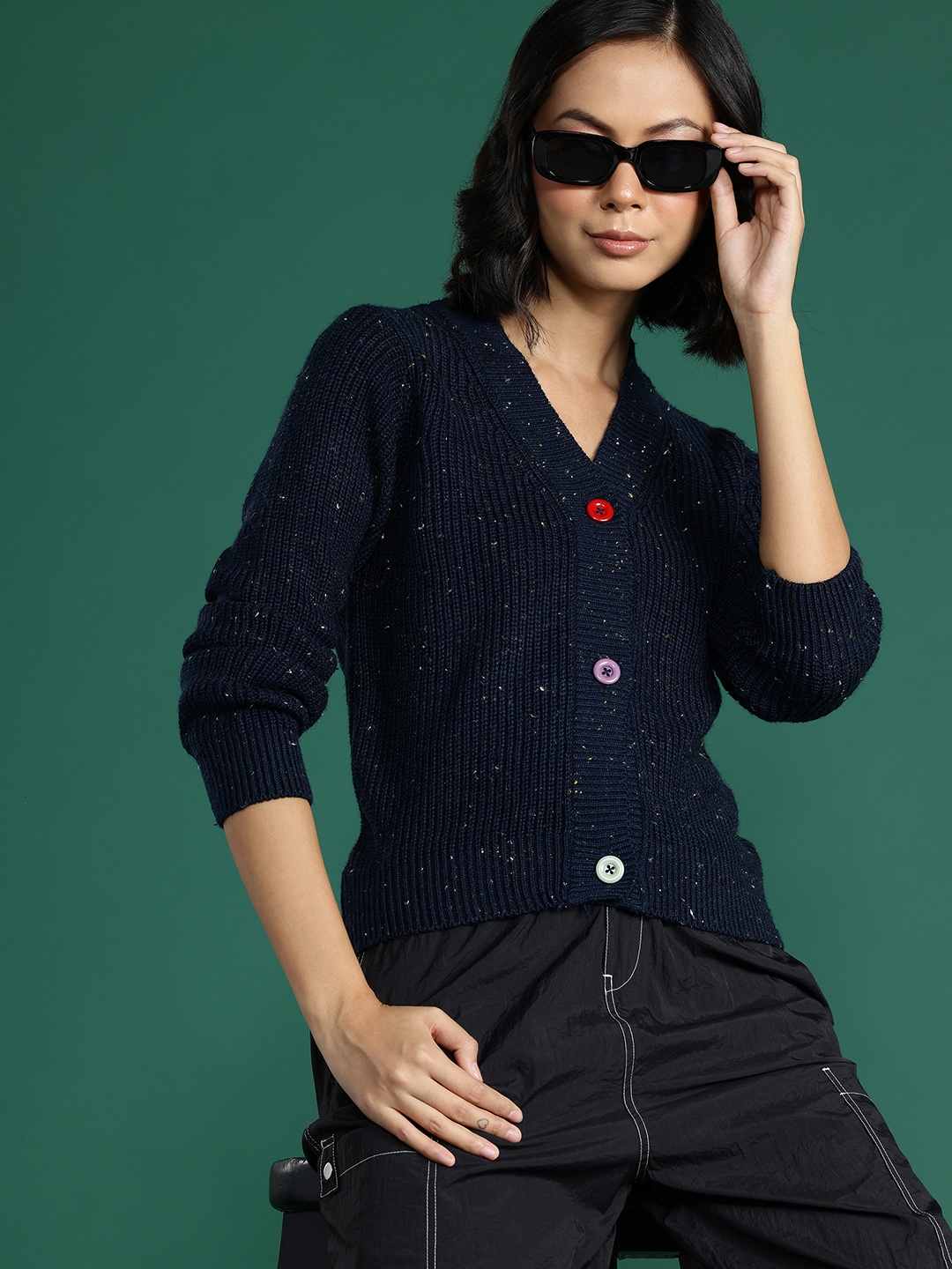 

DressBerry V-Neck Ribbed Cardigan, Navy blue