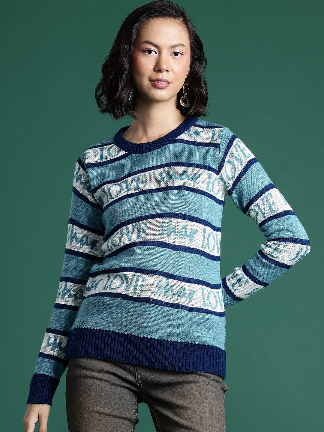 

DressBerry Striped Typography Design Pullover, Blue
