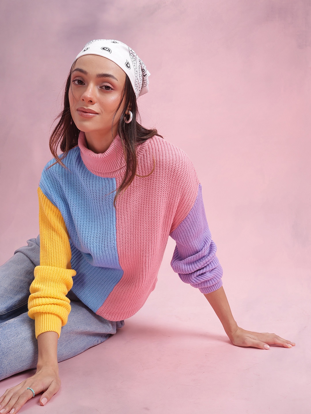 

DressBerry Colourblocked Turtle Neck Pullover, Pink