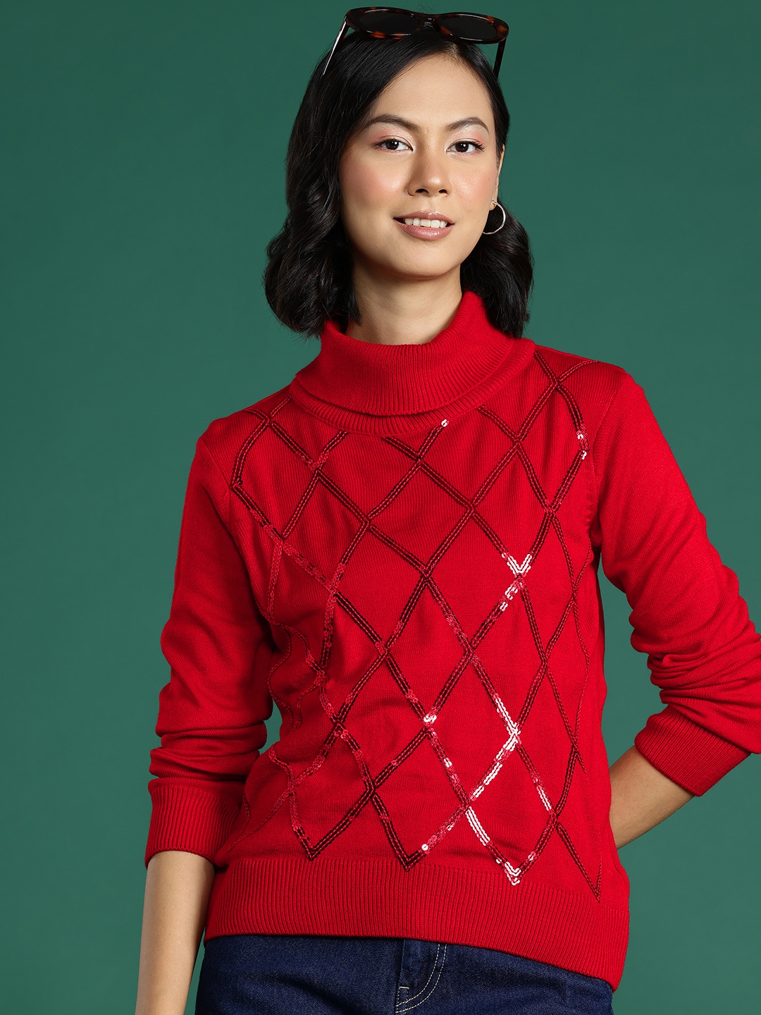 

DressBerry Sequin Detailed Turtle Neck Pullover, Red