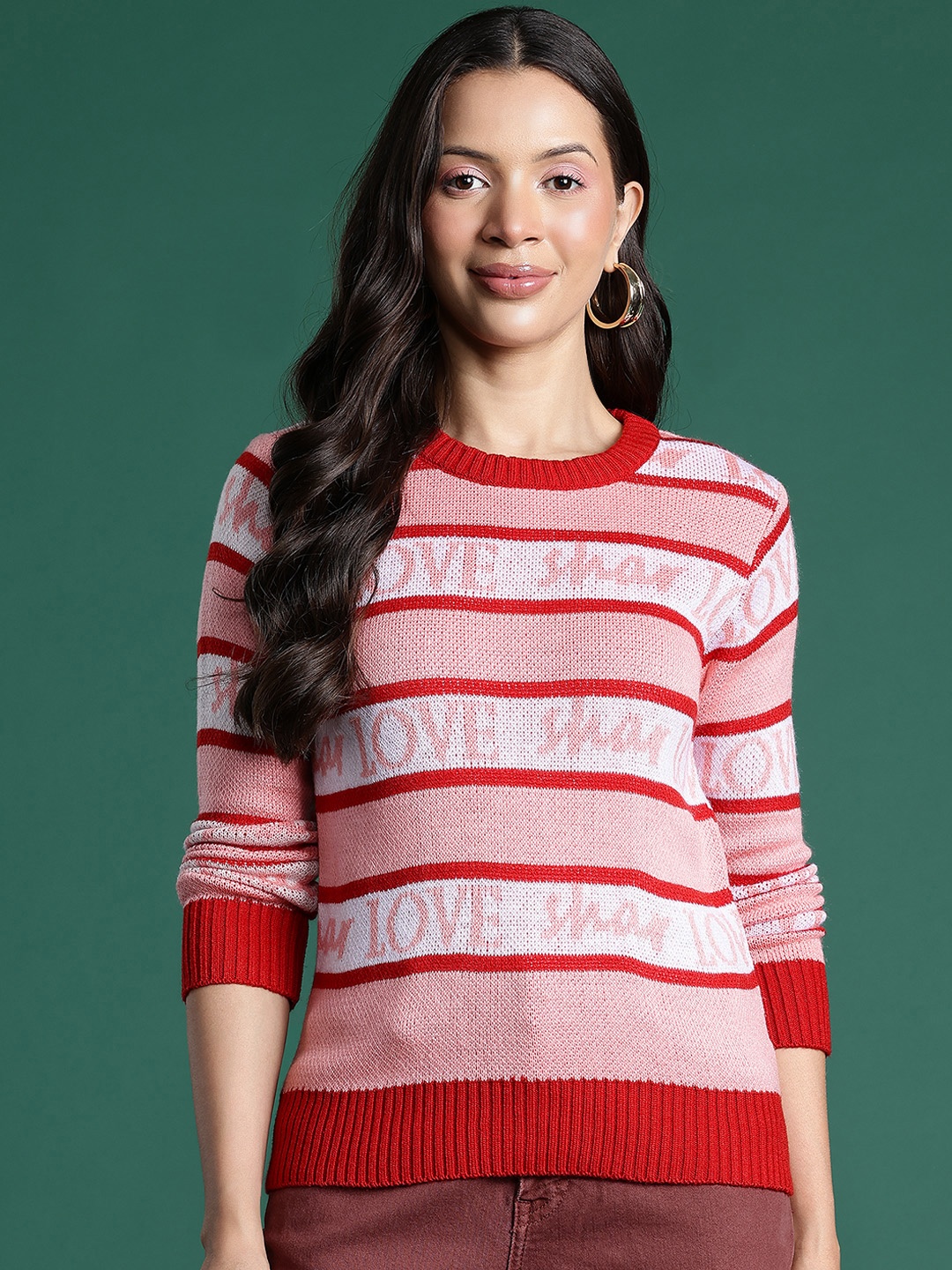 

DressBerry Striped Typography Design Pullover, Red