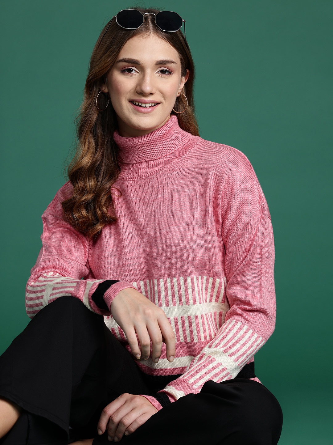 

DressBerry Turtle Neck Striped Sweater, Pink