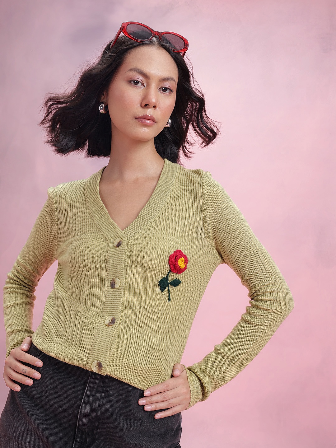 

DressBerry Floral Embroidered Ribbed Acrylic Cardigan, Olive