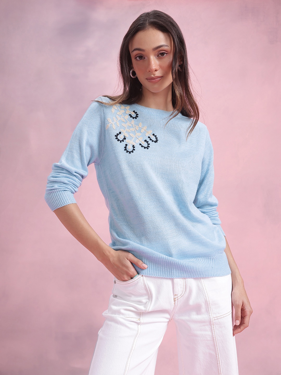 

DressBerry Floral Embroidered Pullover, Blue