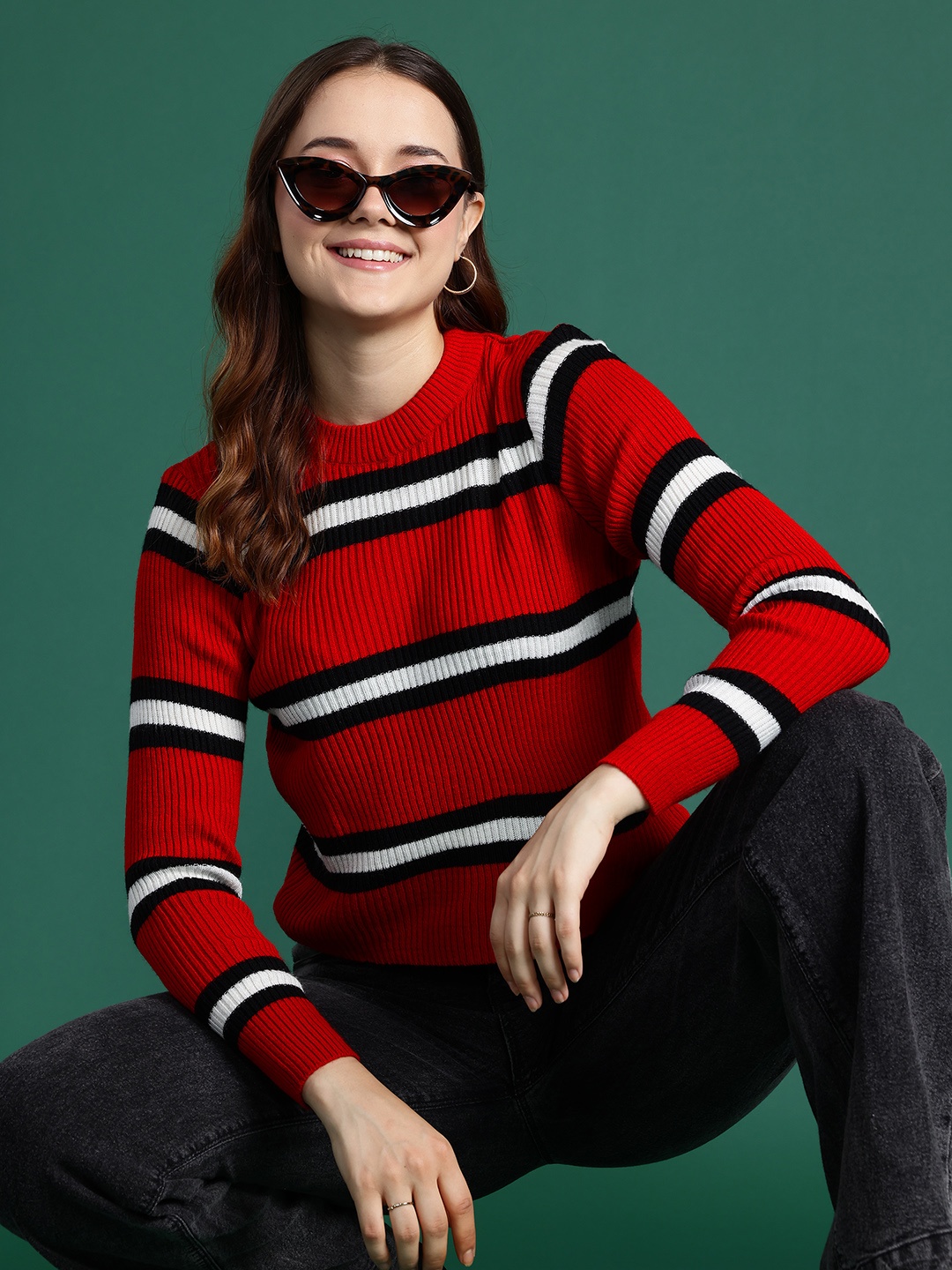 

DressBerry Acrylic Striped Ribbed Pullover, Red
