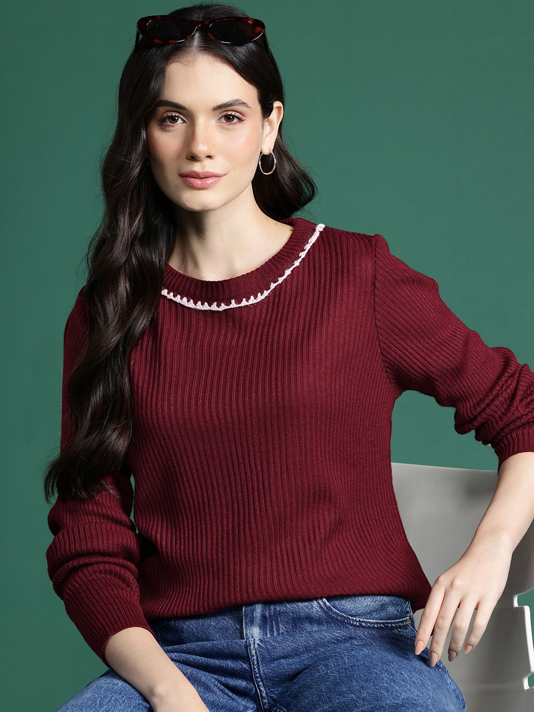 

DressBerry Self-Striped Textured Pullover with Embroidered Detail, Maroon
