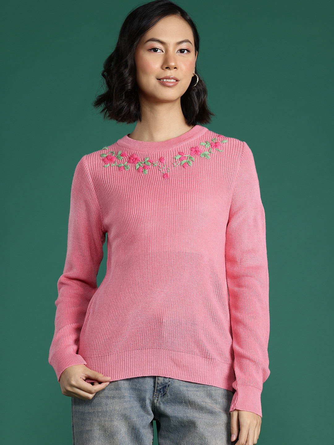 

DressBerry Women Floral Embroidered Acrylic Pullover, Pink
