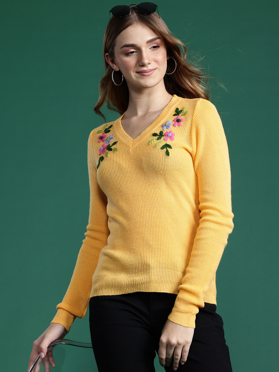 

DressBerry Women Ribbed Longline Pullover with Embroidered Detail, Yellow