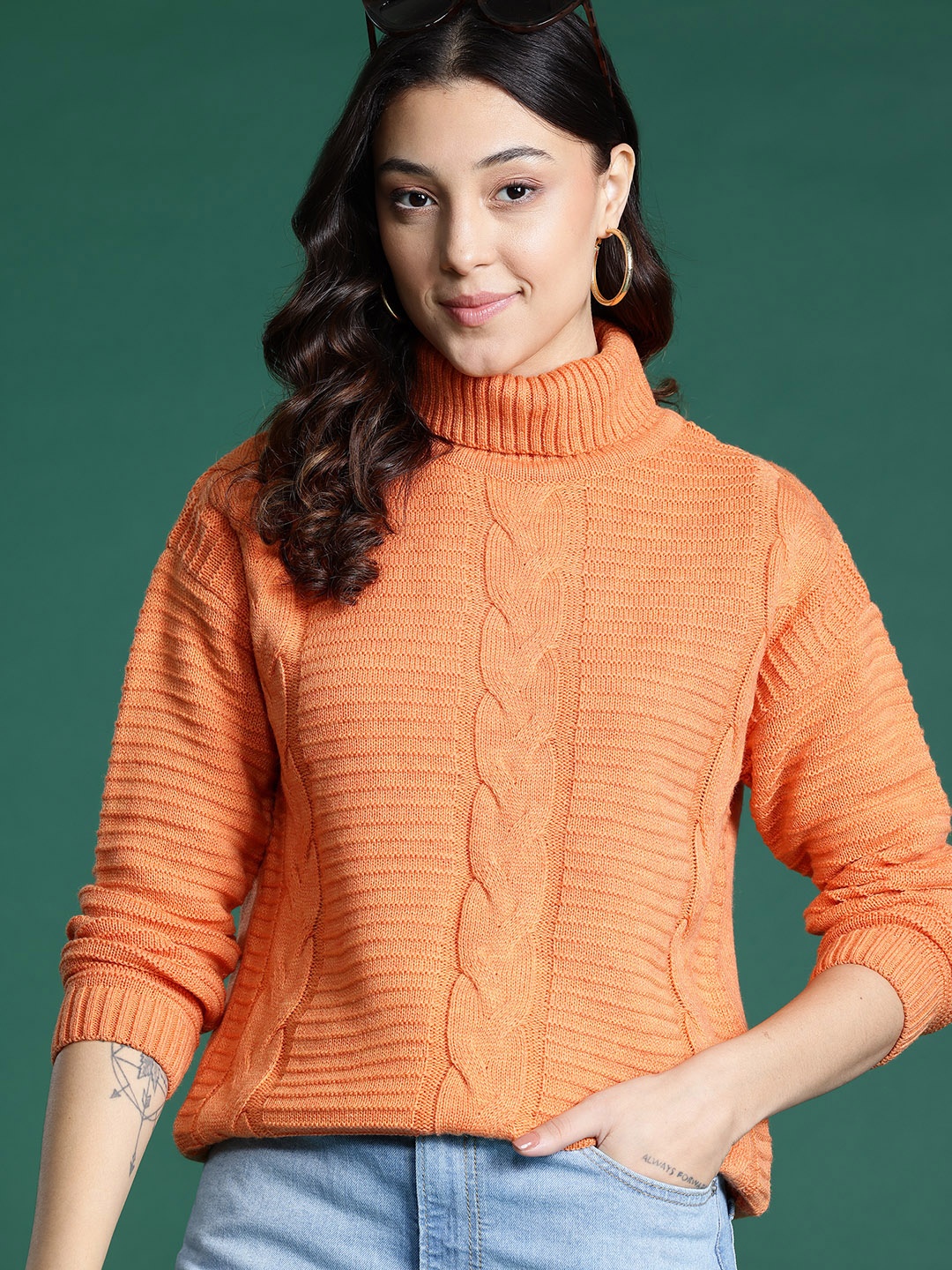 

DressBerry Cable Knit Turtle Neck Pullover, Orange