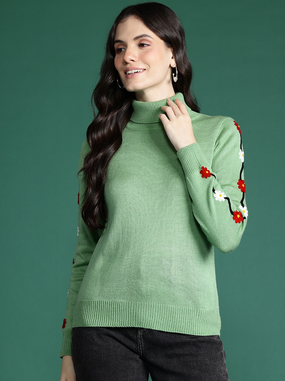 

DressBerry Floral Embroidered Sweater, Green