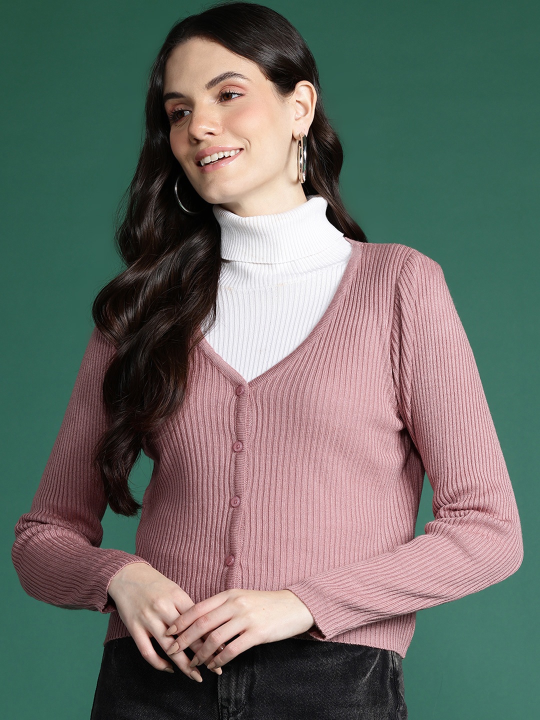 

DressBerry Pure Acrylic Ribbed Cardigan, Rose