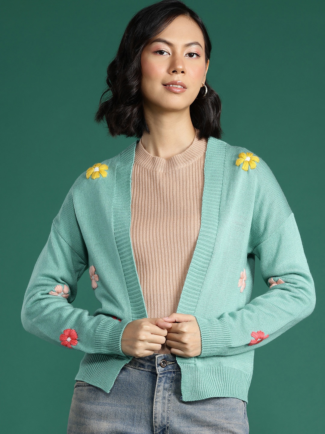 

DressBerry Women Floral Acrylic Front-Open Sweater, Green