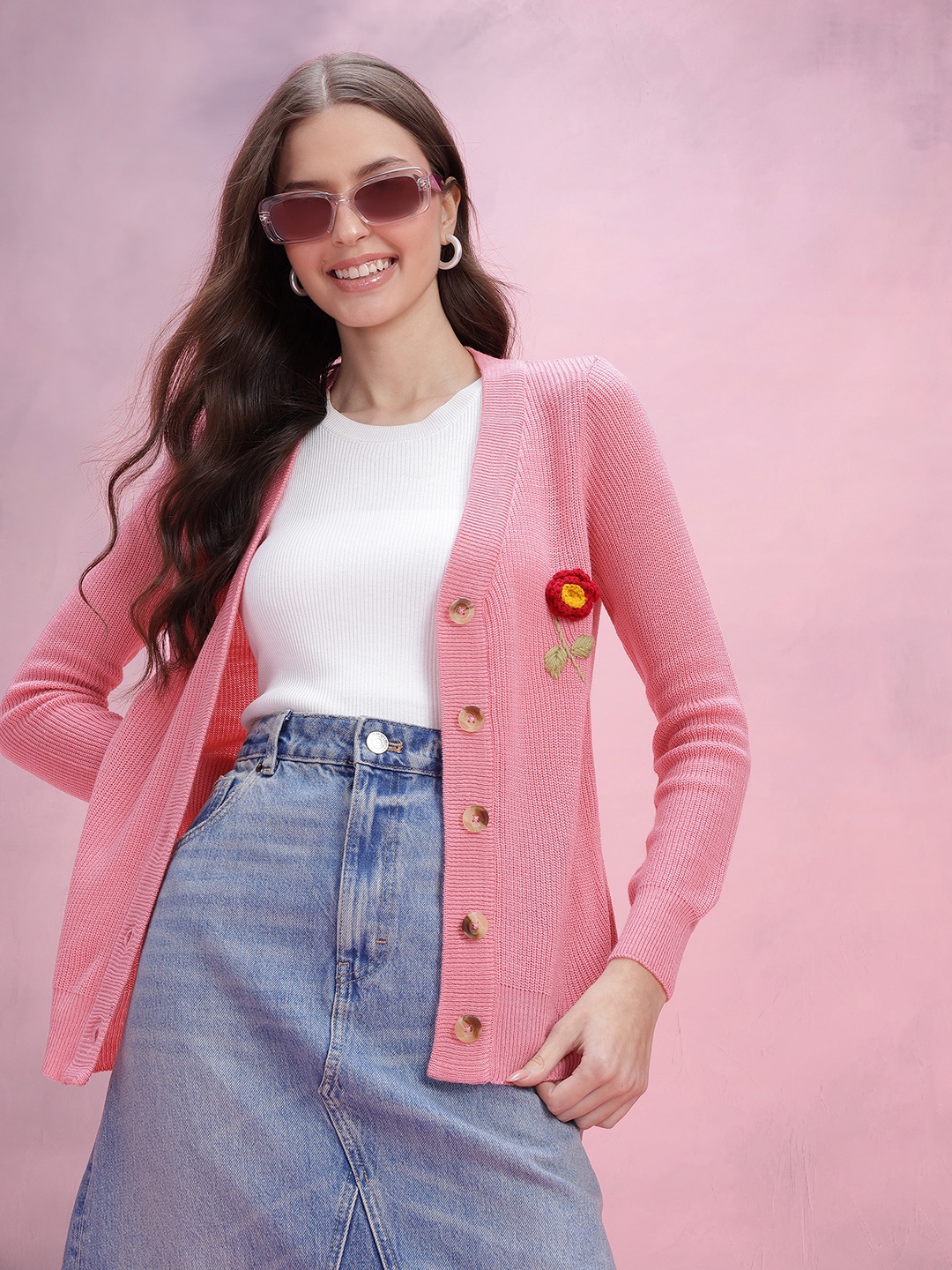 

DressBerry Women Ribbed Floral Crochet Acrylic Cardigan, Pink