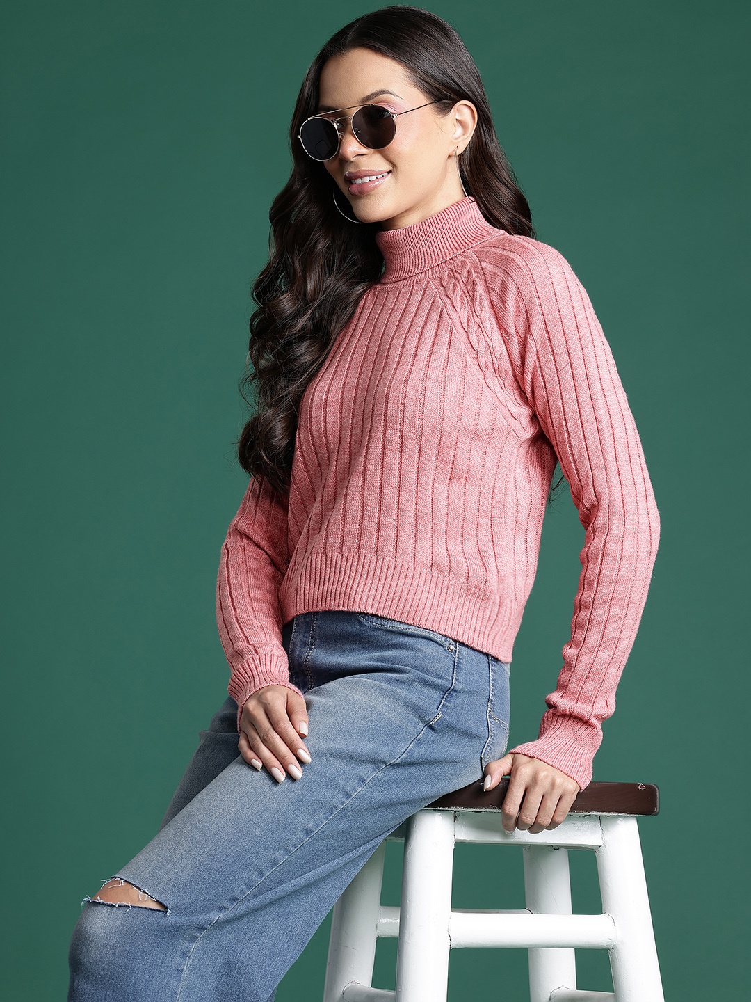 

DressBerry Ribbed Acrylic Turtle Neck Pullover, Pink