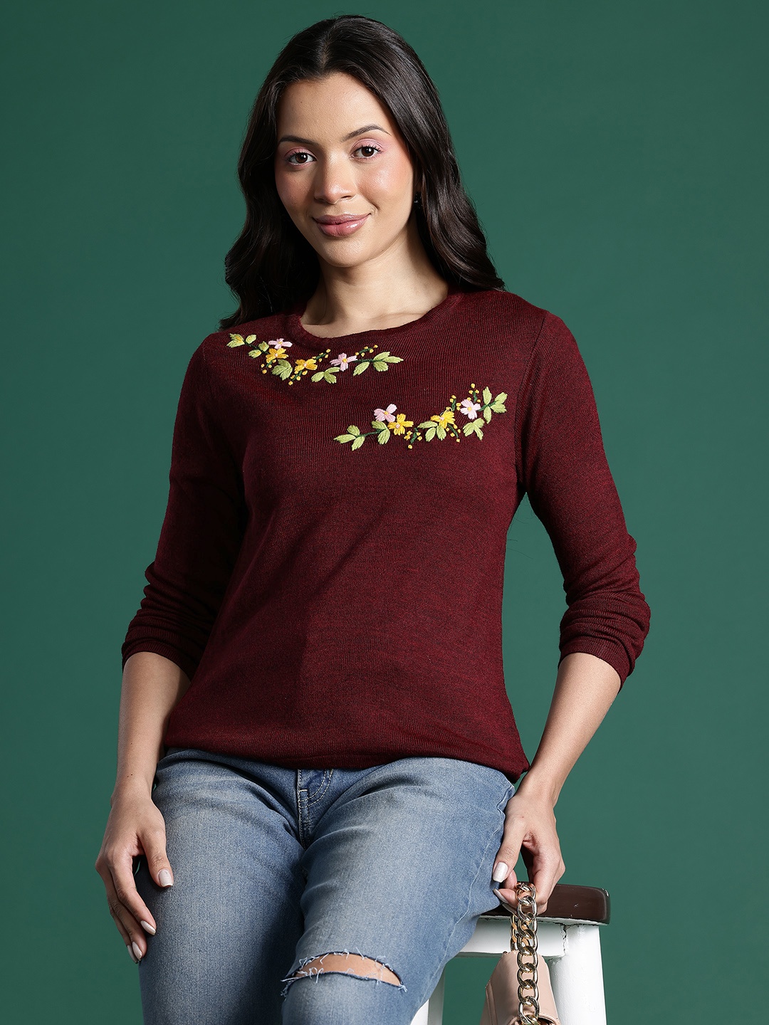 

DressBerry Embroidered Acrylic Pullover, Brown
