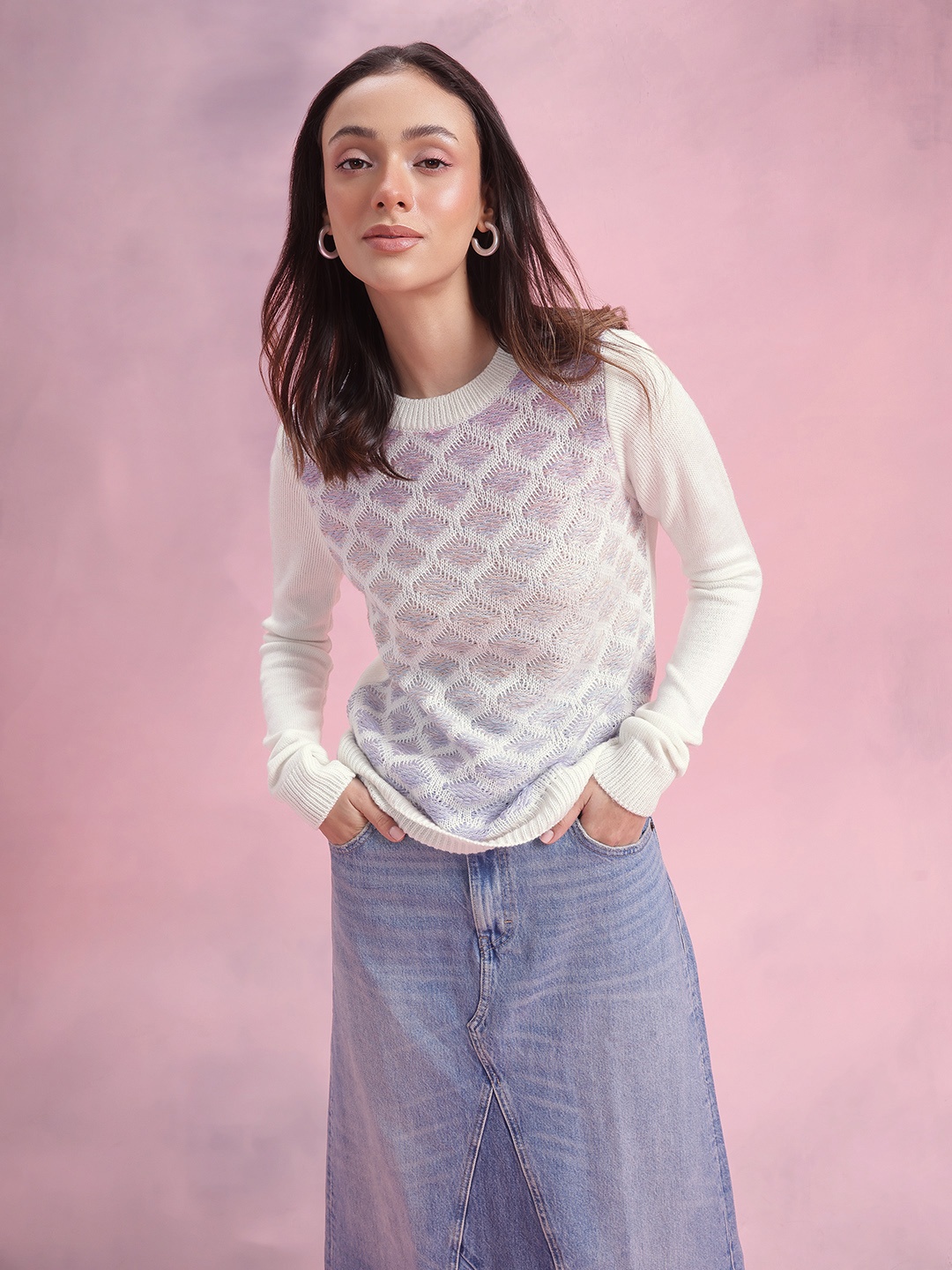 

DressBerry Geometric Self Design Pullover, White