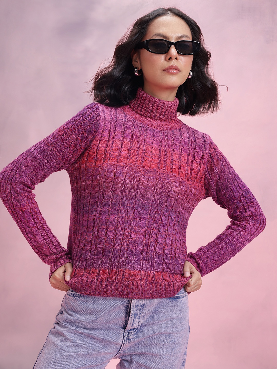 

DressBerry Turtle Neck Cable Knit Design Acrylic Pullover, Pink