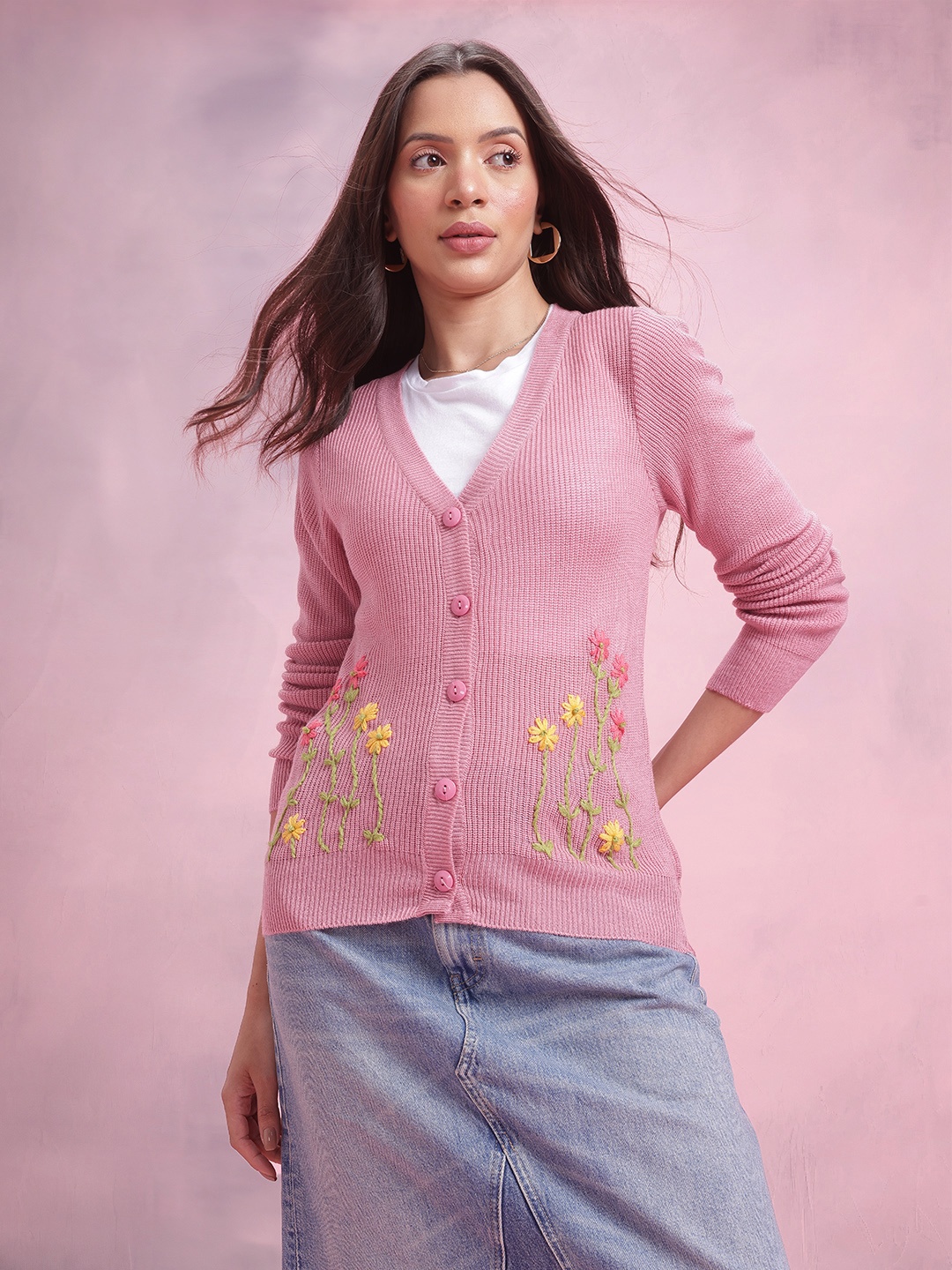 

DressBerry Embroidered Acrylic Cardigan, Pink
