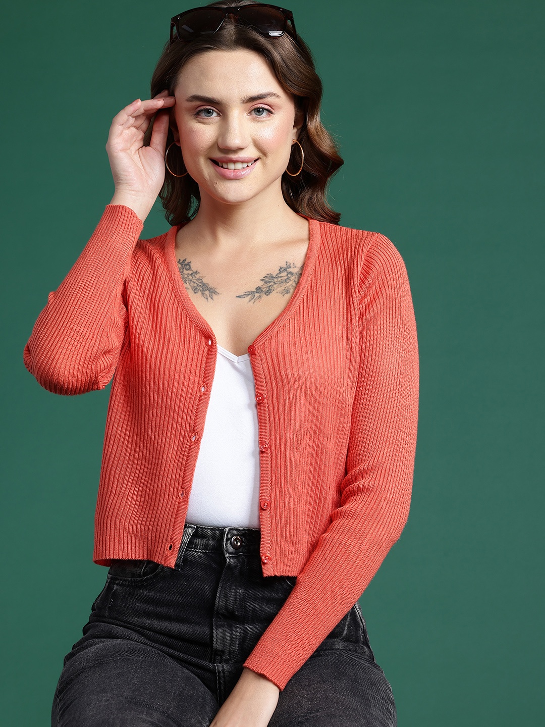 

DressBerry Ribbed Crop Cardigan, Orange