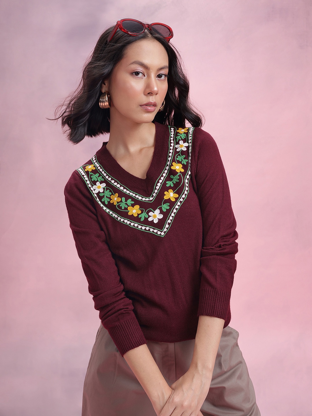 

DressBerry Floral Embroidered Acrylic Pullover, Maroon