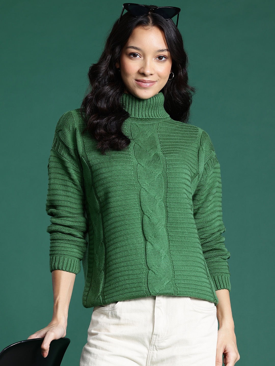 

DressBerry Cable Knit Turtle Neck Pullover, Green