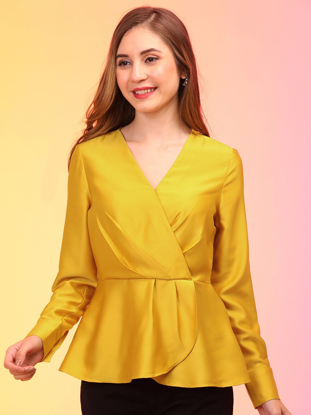 

Globus V-Neck Cuffed Sleeves Pleated Wrap Party Top, Yellow