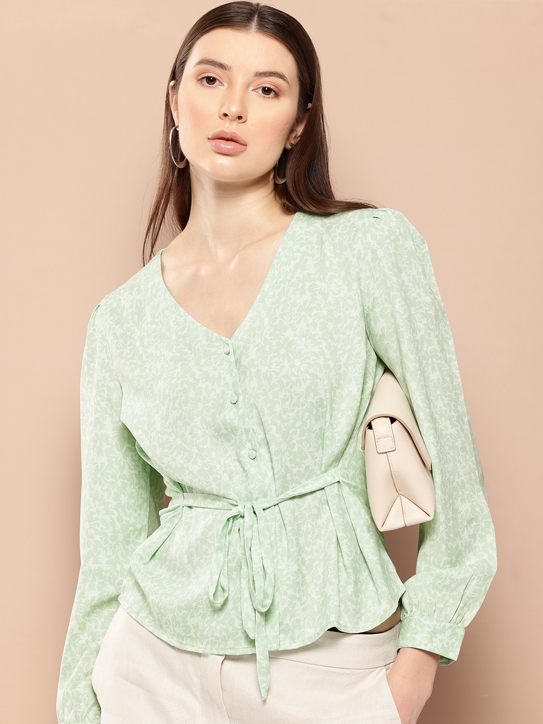 

her by invictus Floral Printed Casual Shirt With Tie-Ups Detail, Sea green