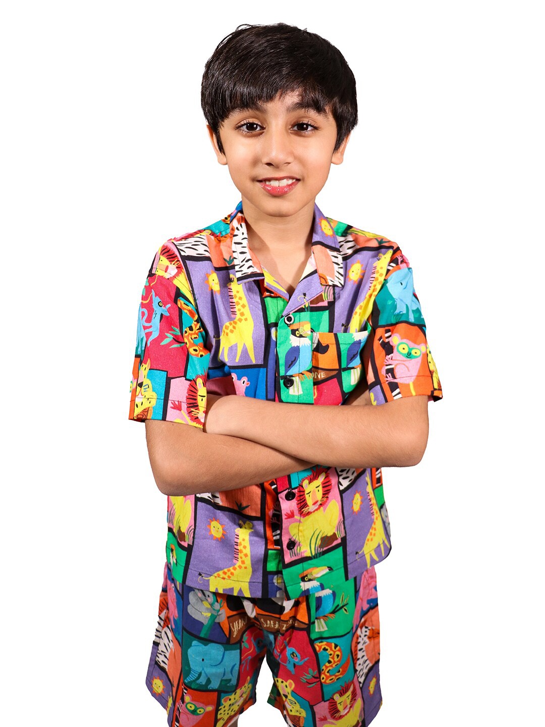 

Whistle & Hops Boys Graphic Printed Pure Cotton Shirt with Shorts, Red