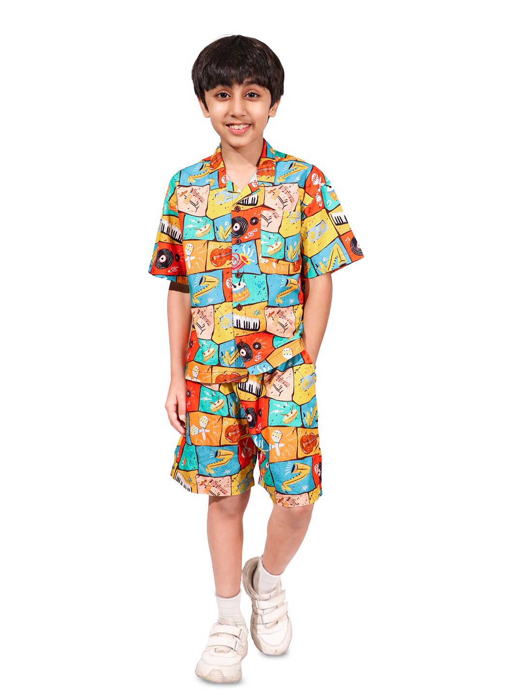 

Whistle & Hops Boys Graphic Printed Pure Cotton Shirt with Shorts, Blue
