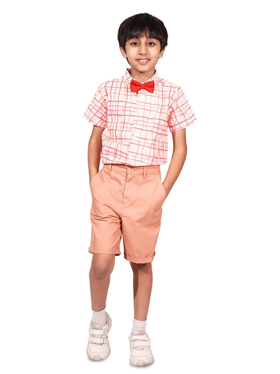 

Whistle & Hops Boys Cotton Pink Check Shirt, Bow & Beige Pink Shorts, White