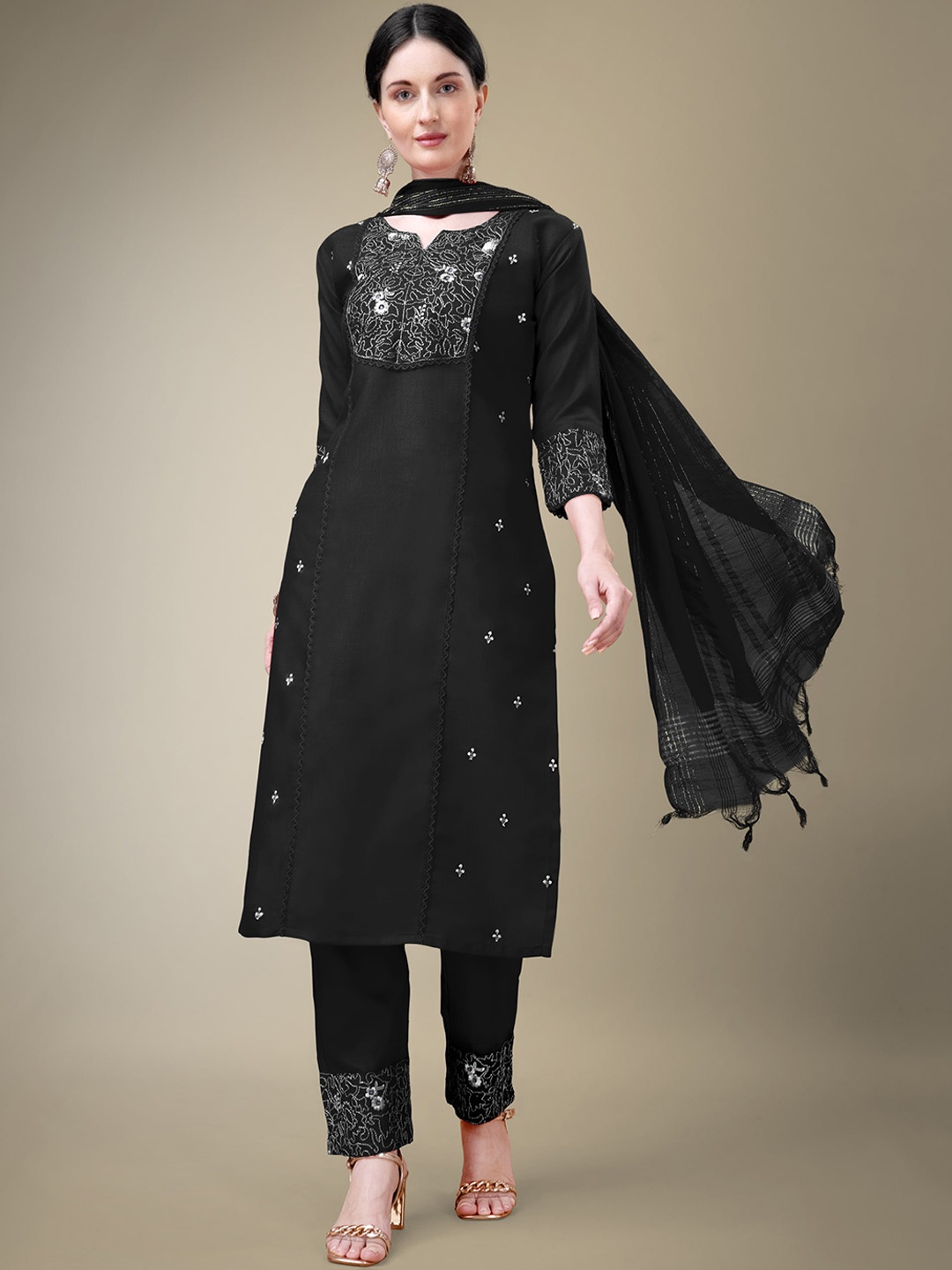

BAPS Ethnic Motifs Embroidered Pure Cotton Kurta With Trousers & Dupatta, Black