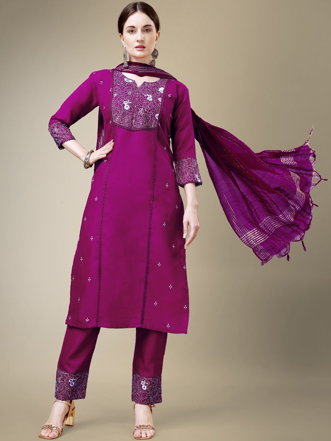 

BAPS Ethnic Motifs Embroidered Thread Work Pure Cotton Kurta With Trousers & Dupatta, Purple