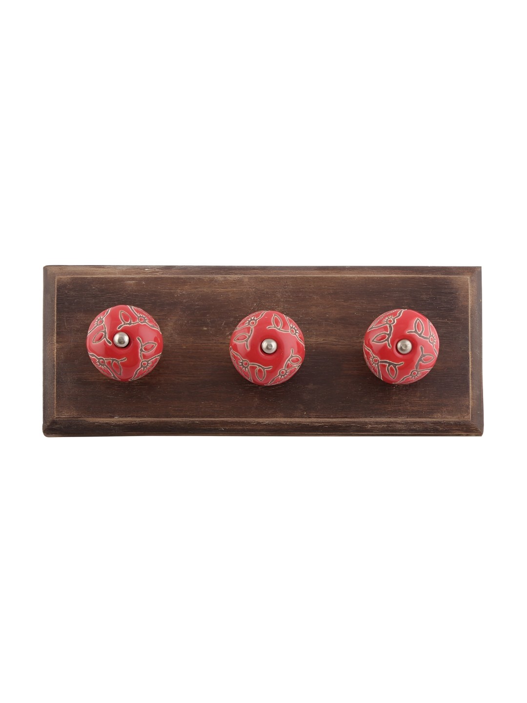 

Indianshelf Red & Brown Etched Floral Printed Wooden Wall 3 Hooks Key Holder