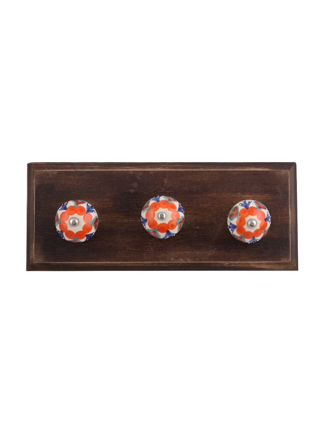

Indianshelf Orange & Brown Floral Printed Wooden Wall 3 Hooks Key Holder