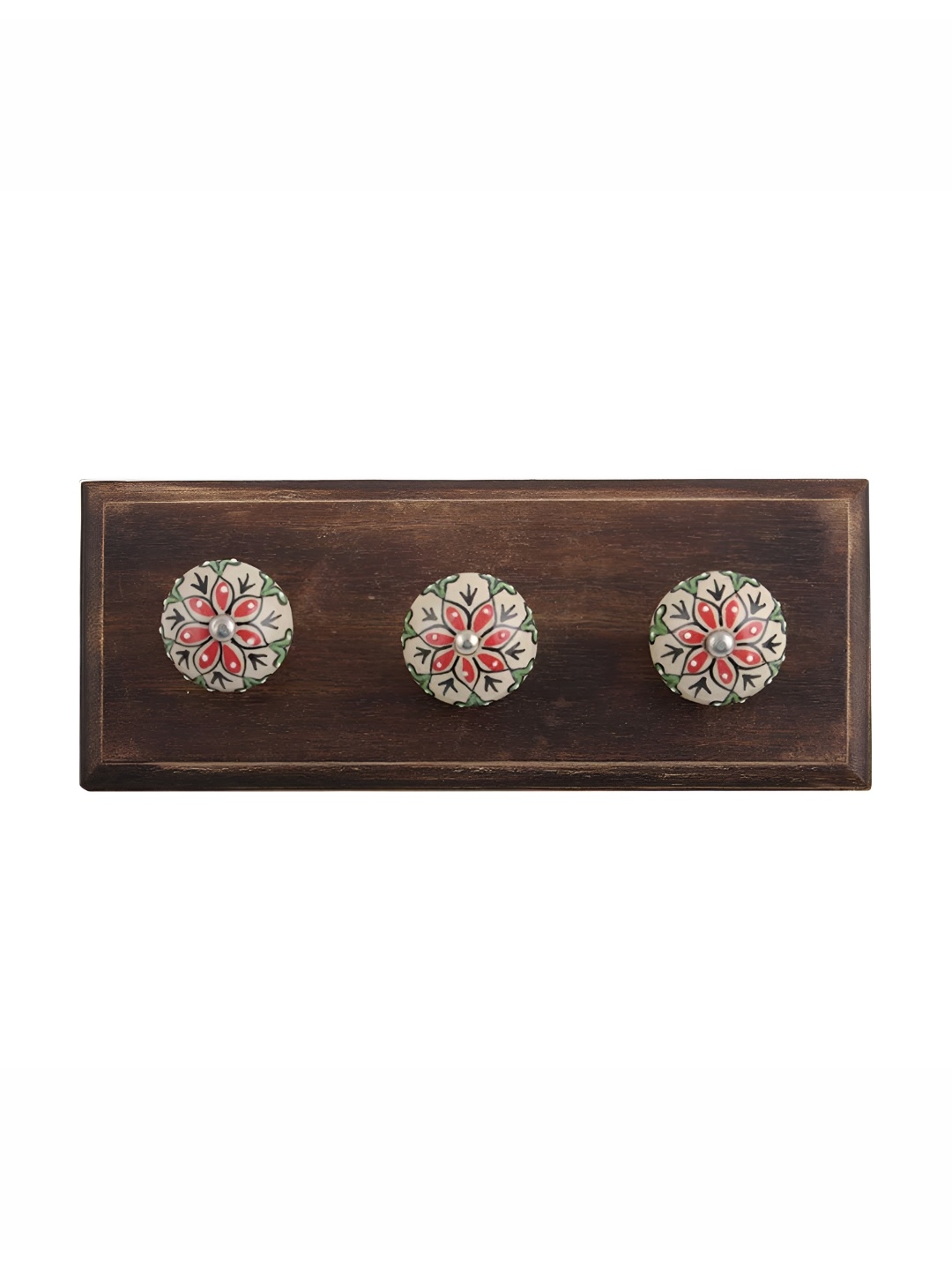 

Indianshelf Red & Brown Floral Printed Wooden Wall 3 Hooks Key Holder