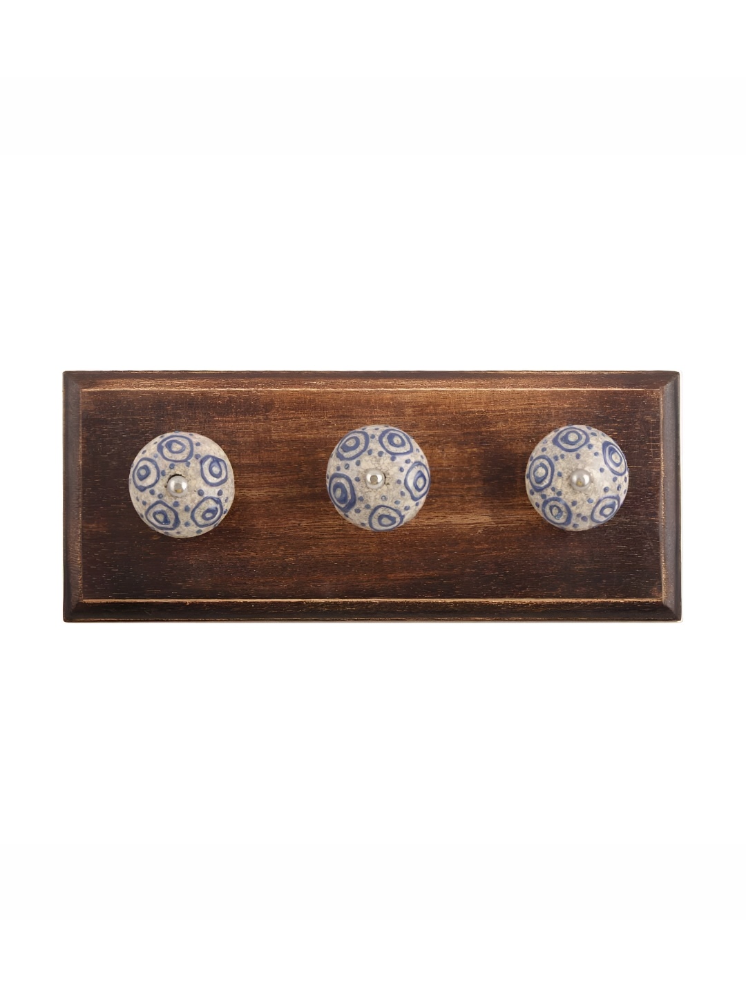 

Indianshelf Brown & Blue Floral Wooden Wall 3 Hooks Key Holder