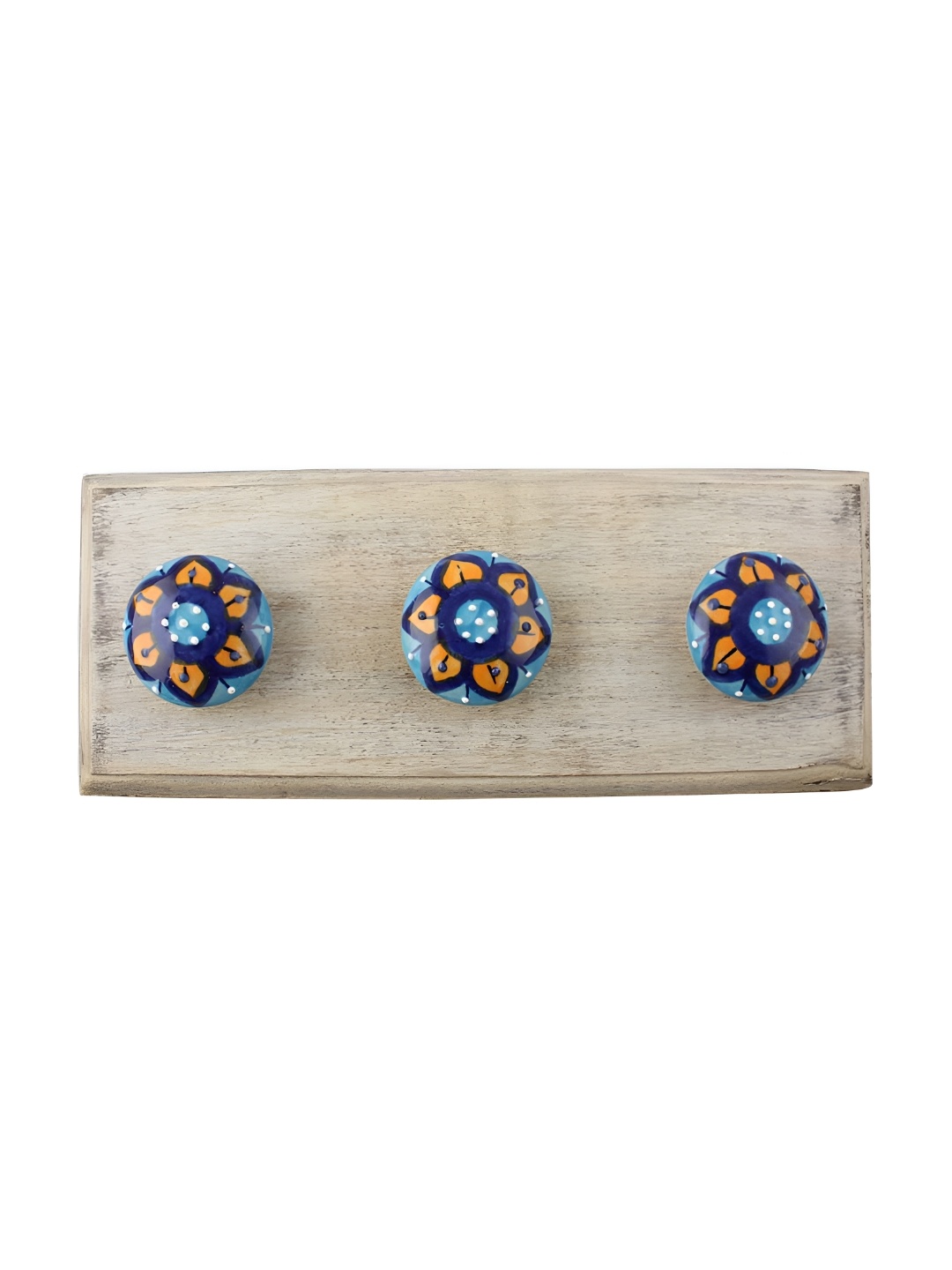 

Indianshelf Blue & Yellow Flower Wooden Wall 3 Hooks Key Holder